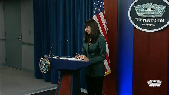 Sabrina Singh, principal deputy spokesperson for the U.S. Department of Defense, speaks during a daily press briefing at the Pentagon in Washington on Thursday. [DEPARTMENT OF DEFENSE]
