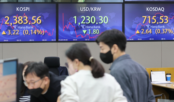 A screen in Hana Bank's trading room in central Seoul shows stock and foreign exchange markets open on Friday. [YONHAP]