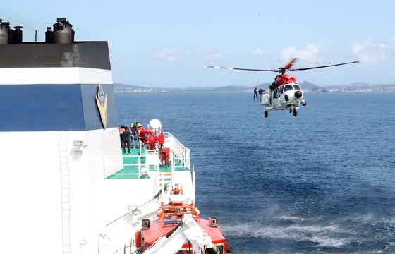 The Jeju Coast Guard conducts a rescue operation drill off the coast of Jeju Island on Aug. 22, 2022. [NEWS1]