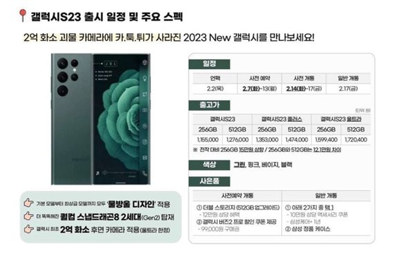 A leaked promotional image of the Galaxy S23 series shows the standard Galaxy S23 with the lowest storage option priced at 1.16 million won ($940). [SCREEN CAPTURE]