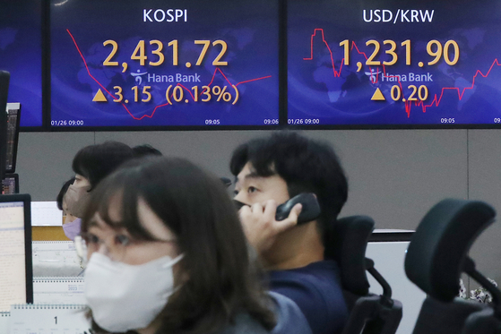 A screen in Hana Bank's trading room in central Seoul shows stock and foreign exchange markets open on Thursday. [NEWS1]