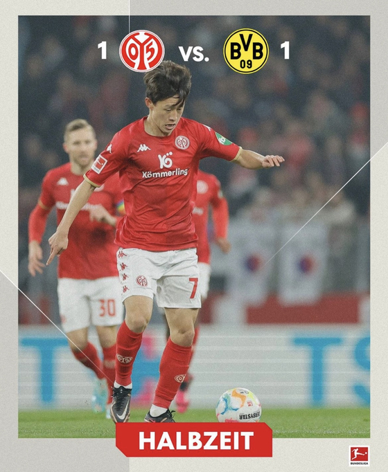 Lee Jae-sung appears in an image posted on Mainz 05's official Instagram account after scoring a goal in a Bundesliga game against Borussia Dortmund on Wednesday.  [SCREEN CAPTURE]