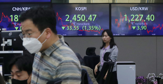 Electronic display boards at Hana Bank in central Seoul show Monday’s Kospi index and foreign exchange rate. [NEWS1]