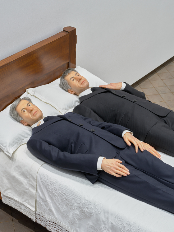 ″We″ (2010) by Maurizio Cattelan, a scaled-down hyperrealistic sculpture work, is a double self-portrait of the artist. The work is now on view as part of the artist's solo exhibition ″WE″ at the Leeum Museum of Art in Yongsan District, central Seoul. [MAURIZIO CATTELAN, LEEUM]