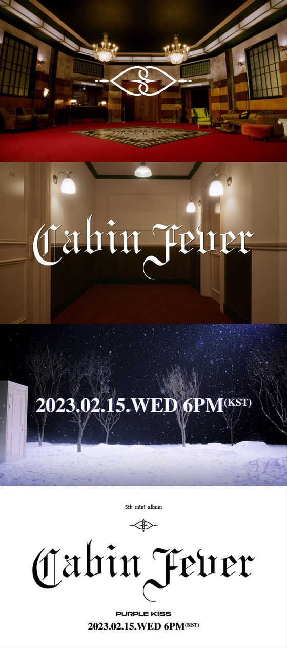 Logo teaser for the girl group Purple Kiss' latest EP, ″Cabin Fever.″ The album will be released on Feb. 15 [RBW[