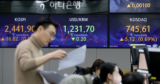 A screen in Hana Bank's trading room in central Seoul shows stock and foreign exchange markets open on Wednesday. [NEWS1]
