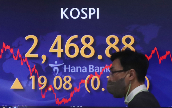 A screen in Hana Bank's trading room in central Seoul shows the Kospi closing at 2,468.88 points on Thursday, up 19.08 points, or 0.78 percent, from the previous trading day. [NEWS1]