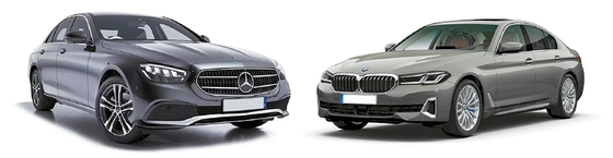 Mercedes-Benz E-Class, left, and the BMW 5 Series, the two bestselling models in Korea's imported car market in 2022 [MERCEDES-BENZ, BMW]