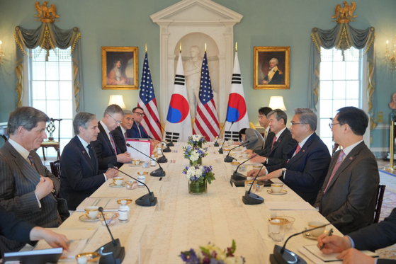 U.S. Secretary of State Antony Blinken, second from left, with South Korean Foreign Minister Park Jin, second from right, during their meeting in Washington on Friday. [FOREIGN MINISTRY]