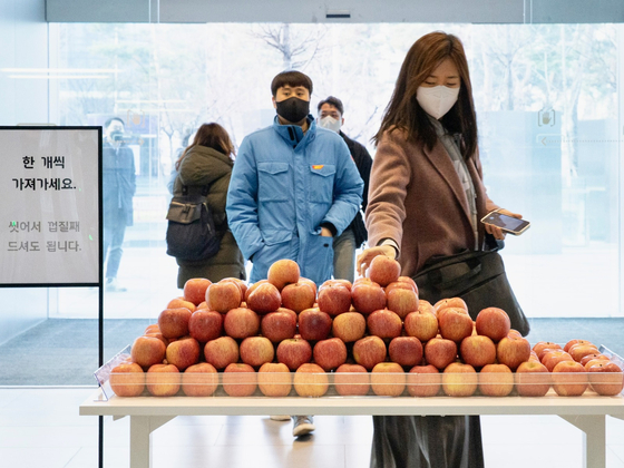 Hyundai Card held a surprise event at the company lobby in Yeouido, western Seoul, distributing apples to its employees on their way to work on Monday morning. The event is believed to have been organized to commemorate the introduction of the Apple Pay service in Korea, which was given a green light by the Financial Services Commission (FSC) last Friday. Local media outlets reported that Hyundai Card is in discussion with Apple for domestic Apple Pay service. [HYUNDAI CARD]