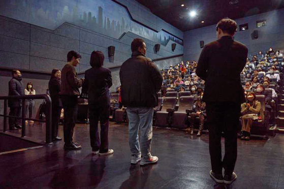 The director and main cast members of ″Jung_E″ speak on stage during a barrier-free screening of the film at Lotte Cinema's Konkuk Univeristy branch in eastern Seoul on Jan. 30. [YONHAP]