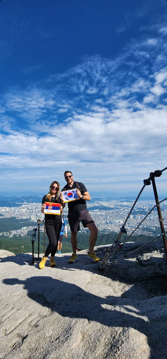 Ambassador Nemanja Grbic and his wife Ines Grbic on Mt. Bukhan recently. [NEMANJA GRBIC]
