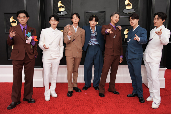 BTS attends the 64th Annual Grammy Awards at MGM Grand Garden Arena on April 03, 2022 in Las Vegas, Nevada. The boy band did not attend the 2023 ceremony. [GETTY IMAGES]
