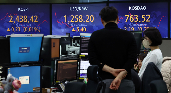 A screen in Hana Bank's trading room in central Seoul shows stock and foreign exchange markets open on Tuesday. [YONHAP] 