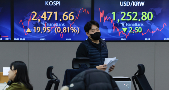 A screen in Hana Bank's trading room in central Seoul shows stock and foreign exchange markets open on Wednesday. [YONHAP]