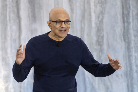 Microsoft CEO Satya Nadella speaks during a press conference held in the company's headquarters in Redmond, Washington, on Tuesday [AP/YONHAP]
