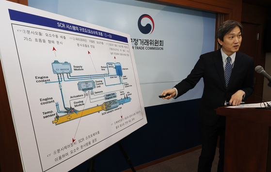 A Fair Trade Commission official briefs about the case of four German carmakers colluding to adopt a system that results in higher nitrogen oxide emissions at the government complex in Sejong on Thursday morning. Korea's antitrust regulator issued them a correction and fined them a total of 42.3 billion won ($33.5 million). [YONHAP]