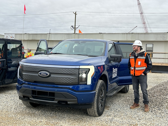A Ford F-150 Lightning pickup at the Kentucky construction site. [SARAH CHEA]