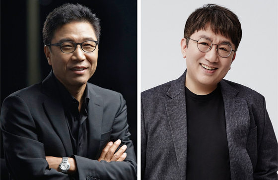 Founder of SM Entertainment Lee Soo-man, left, and HYBE founder Bang Si-hyuk [SM ENTERTAINMENT, HYBE]