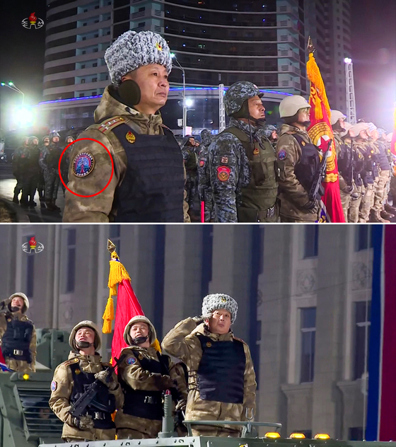 North Korean troops apparently belonging to the Missile General Bureau wear the bureau's insignia during a military parade at Kim Il Sung Square, Pyongyang, on Feb. 9. [Korean Central News Agency]