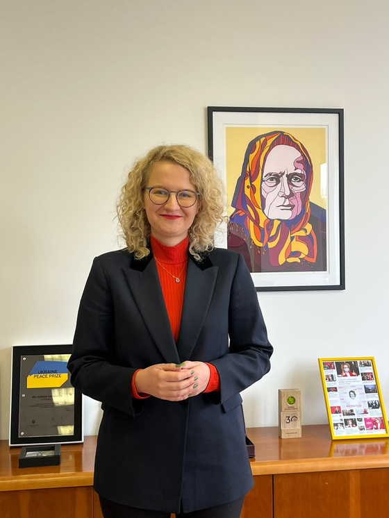 Ausrine Armonaite, the minister of economy and innovation of Lithuania, speaks with the Korea JoongAng Daily at her office in Vilnius on Feb. 8. [ESTHER CHUNG]
