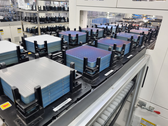 Solar cells at Hanwha Solutions' factory in Jincheon, North Chungcheong [SHIN HA-NEE]