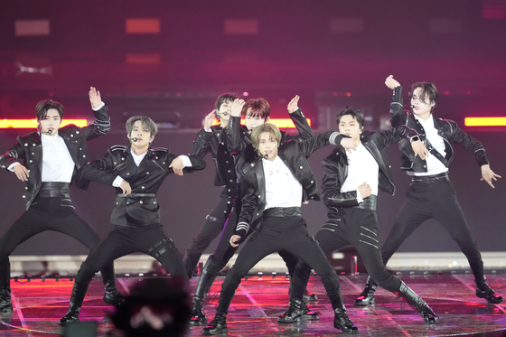 Boy band Enhypen performs during the 12th Circle Chart Music Awards on Feb. 18, 2023 at the KSPO Dome in southern Seoul’s Olympic Park. [AP/YONHAP]