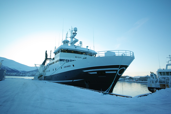 The 2,000-ton research vessel Helmer Hanssen is shown docked in Tromso, Norway, on Feb. 3. [SHIN HA-NEE]  