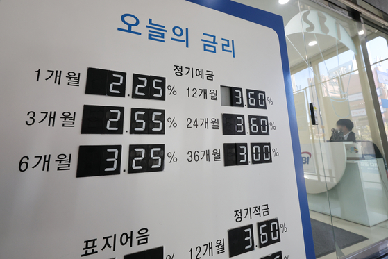 Interest rates are shown at a savings bank in Seoul on Monday. The government will provide emergency financial aid to the financially vulnerable next month, including discounts in principal and interest. The Financial Services Commisison announced on Monday that it will offer the ″rapid debt adjustment program″ that lowered agreed interests by some 50 percent for those under the age of 34 to all age groups from March. [YONHAP]