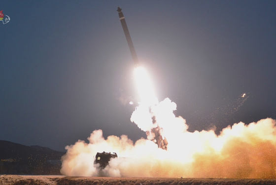 North Korea fires two short-range ballistic missiles (SRBMs) from a long-range artillery unit in Sukchon area in South Pyongan Province toward the East Sea Monday morning, in footage broadcast by the North's state-controlled Korean Central Television. [YONHAP]