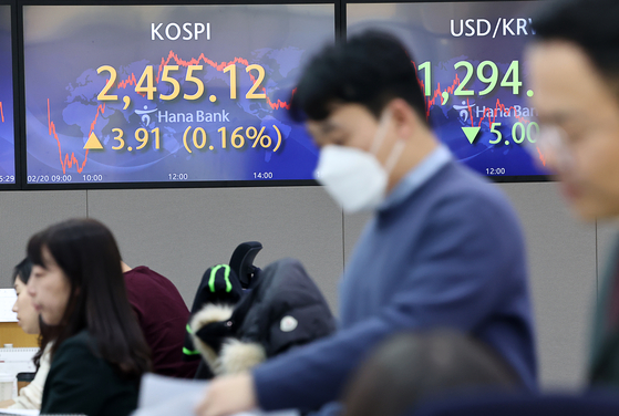 A screen in Hana Bank's trading room in central Seoul shows the Kospi closing at 2,455.12 points on Monday, up 3.91 points, or 0.16 percent, from the previous trading day. [YONHAP]