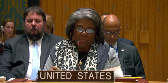 U.S. Ambassador to the United Nations Linda Thomas-Greenfield speaks in a UN Security Council meeting held in New York on Monday to discuss North Korea's recent missile provocations. [SCREEN CAPTURE]