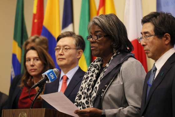 U.S. Representative to the United Nations Ambassador Linda Thomas-Greenfield reads a joint statement on North Korea after a UN Security Council meeting at the United Nations headquarters on Monday in New York City. [AFP/YONHAP]