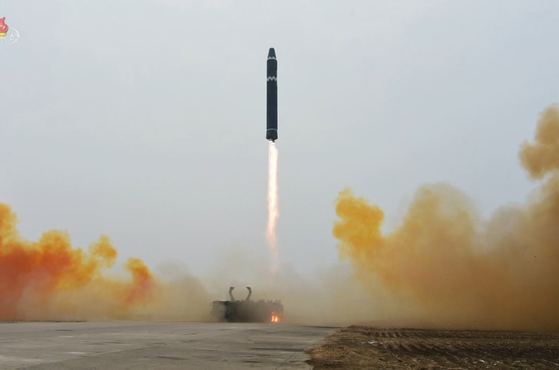 North Korea fires Hwasong-15 intercontinental ballistic missile at a lofted angle on Feb. 18. [KOREAN CENTRAL NEWS AGENCY]