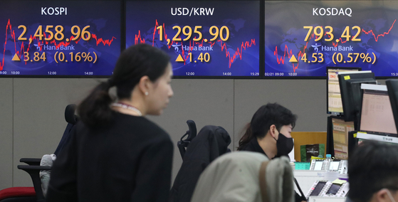 A screen in Hana Bank's trading room in central Seoul shows the Kospi closing at 2,458.96 points on Tuesday, up 3.84 points, or 0.16 percent, from the previous trading day. [NEWS1]