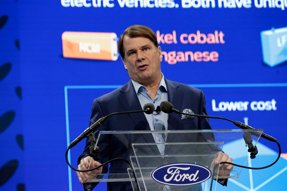 Ford Motor CEO Jim Farley announces $3.5 billion battery plant in Michigan using CATL's LFP battery technology on Feb. 13. [REUTERS/YONHAP]