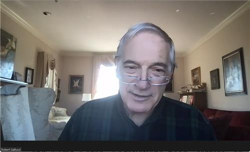 Robert Gallucci, a former U.S. nuclear negotiator, speaks during a webinar hosted by the Stimson Center, a nonprofit think tank based in Washington, on Tuesday. [SCREEN CAPTURE]