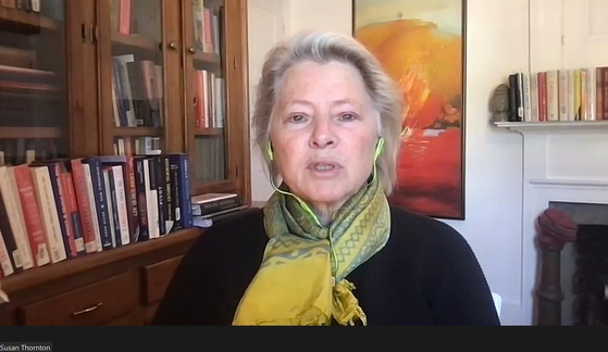 Susan Thornton, former U.S. acting assistant secretary of state for East Asia and Pacific affairs, speaks during a webinar hosted by the Washington-based Stimson Center think tank on Tuesday. [SCREEN CAPTURE]