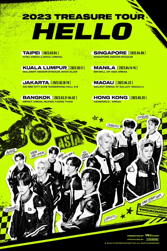 Poster for boy band Treasure's Asian tour, ″2023 Treasure Tour [Hello]″ [YG ENTERTAINMENT]
