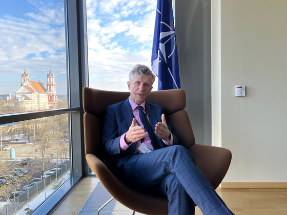 Darius Jonas Semaska, an ambassador at large at the Transatlantic Cooperation and Security Policy Department of the Lithuanian Foreign Ministry, speaks with the Korea JoongAng Daily at the ministry in Vilnius on Feb. 9. [ESTHER CHUNG]
