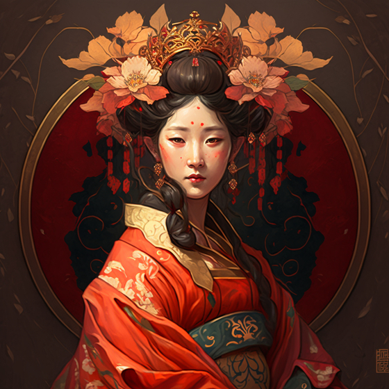Midjourney generated image of Queen Seondoek of Silla in Alphonse Mucha style [MOON SO-YOUNG] 
