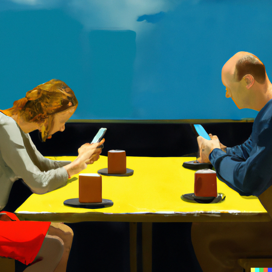 A text-to-image AI Dall-E2 generated image with a prompt: Edward Hopper-style image of a man and a woman sitting at a cafe table, both absorbed in their smartphones without speaking. [MOON SO-YOUNG] 