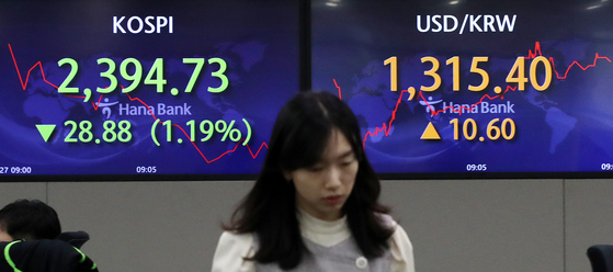 A screen in Hana Bank's trading room in central Seoul shows the local currency trading at 1,315.4 agains the dollar on Monday. [NEWS1]