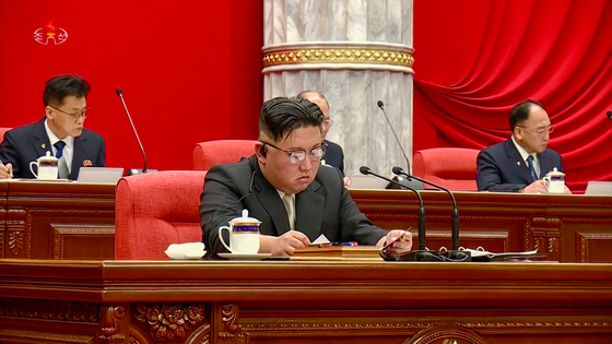 North Korea's leader Kim Jong-un is seen attending the 7th expanded plenary session of the 8th Central Committee of the ruling Workers' Party on Sunday in footage broadcast by Pyongyang's state-controlled Korean Central Televsion (KCTV) on Monday. [YONHAP]