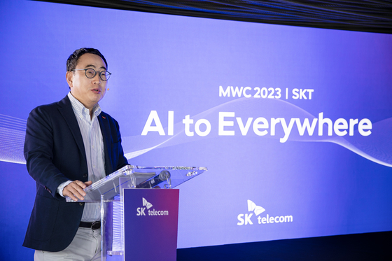 SK Telecom Ryu Young-sang speaks during a press conference held on Sunday before the opening of the MWC 2023 in Barcelona, Spain. [SK TELECOM]