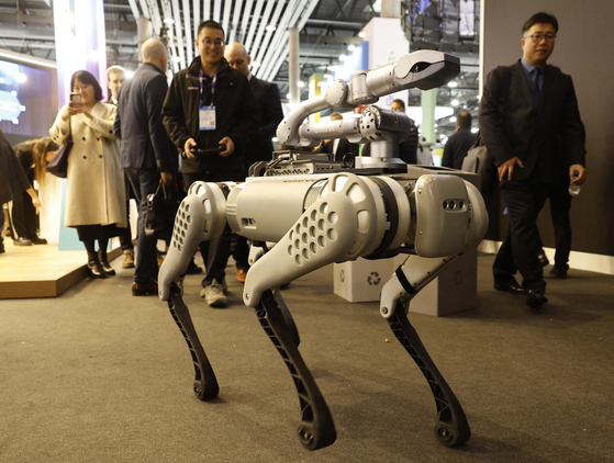 A robot dog developed by China's Unitree Robotics at the MWC held in Barcelona on Tuesday [JOINT PRESS CORPS]