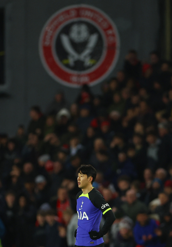 Tottenham Hotspur's Son Heung-min reacts after Sheffield United's Iliman Ndiaye scores during an FA Cup match at Bramall Lane in Sheffield, England on Wednesday.  [REUTERS/YONHAP]