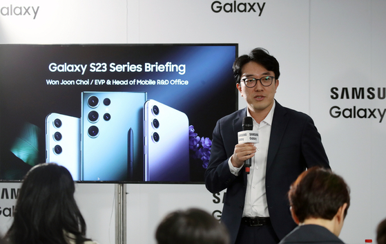 Choi Won-joon, executive vice president of the mobile experience division of Samsung Electronics, speaks during a press conference at the MWC 2023 held in Barcelona, Spain, on Monday. [SAMSUNG ELECTRONICS]