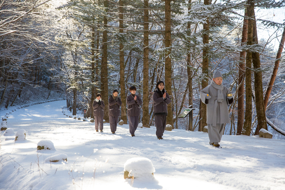 Temple stay participants walk around the trails near Woljeong Temple. [CULTURAL CORPS OF KOREAN BUDDHISM]