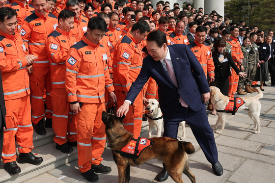 President Yoon Suk Yeol greets rescue dogs who took part in Korea’s relief efforts in Turkey last month at the Blue House in central Seoul Tuesday. Yoon hosted the members of the Korea Disaster Relief Team (KDRT) at the Blue House state guest house for a luncheon that day. [PRESIDENTIAL OFFICE]